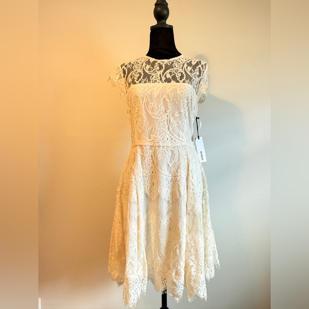 Bb Dakota Evening Cream A-Line Midi Dress with Cap Laced Sleeves, Size 10